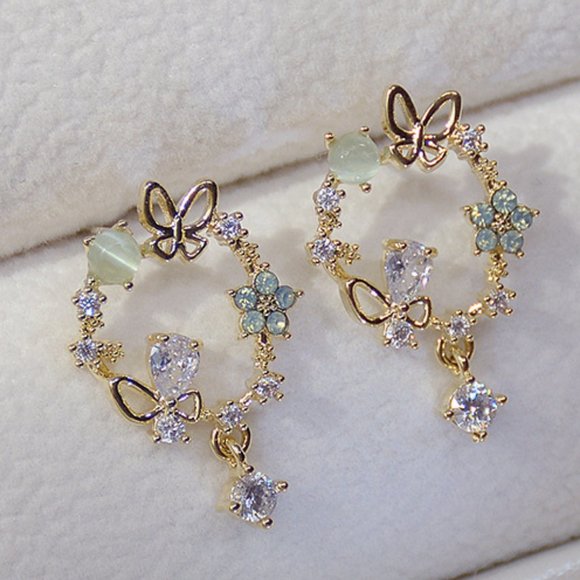 Jewelry - NEW 14K Gold Plated Diamond Flower Butterfly Circle Earrings